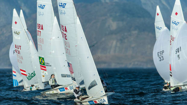 U.S. Olympians Briana Provancha (to leeward) and Annie Haeger lead the 470 fleet during the 2015 Olympic Test Event in Rio
