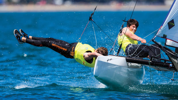Trying out a new trapezing style at the Sailing World Championships in Auckland, New Zealand