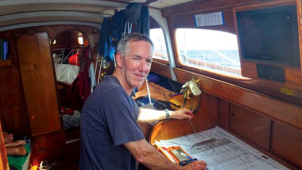 The author plots his boat’s position the old-fashioned way en route to Bermuda
