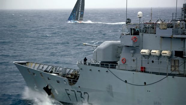 The French frigate Nivôse shadows Banque Populaire VIII, deep in the Southern Ocean