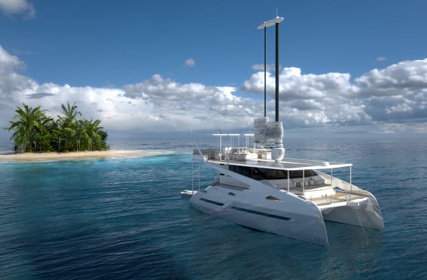 ZEN50 Solar Wingsail Zero Emission Electric Catamaran - Anchor Island background