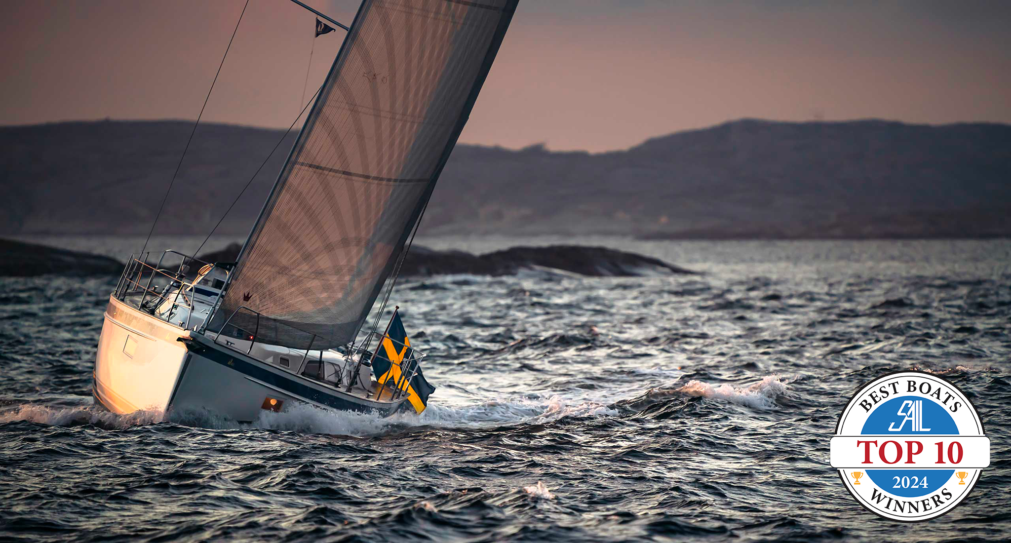 Top 10 winner Hallberg-Rassy 40C at twilight.