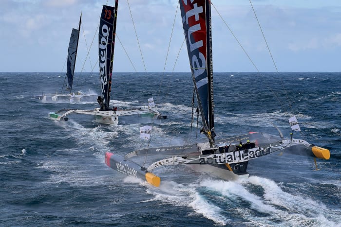 A trio of Ultrime tris sets out on the 2020 Brest Atlantiques race, the newest of the many extreme events that have started out from this part of the world