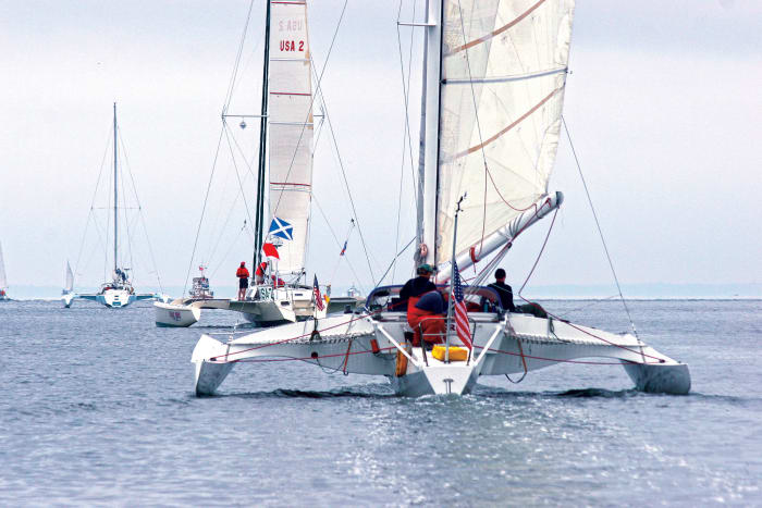 A portion of the multihull fleets heads for the line prior to the 2005 Marion-Bermuda 