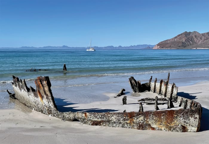 The remains of a wrecked fishing vessel in Bahia Salinas
