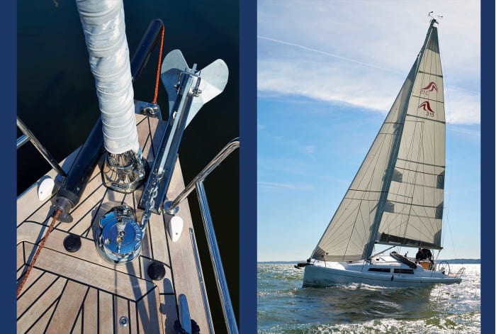 A retrofitted sprit on a traditional cruiser: note how the orange tack line is secured when not in use (left); Self-tacking jibs are great for sailing to windward, but can come up short on a reach or run: thus this boat’s sprit (right)