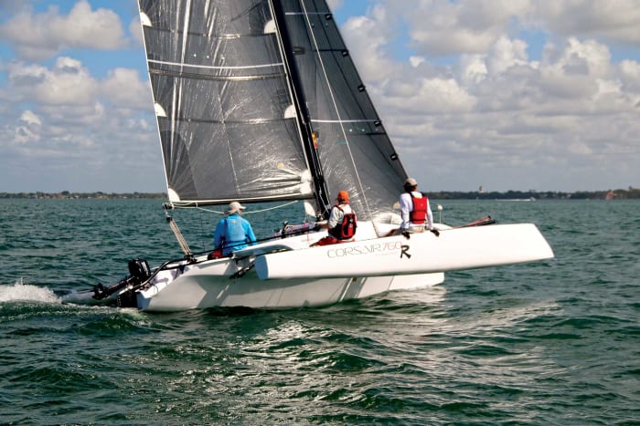 The wave-piercing bows on the amas are an integral part of the performance package aboard the Corsair 760R folding trimaran