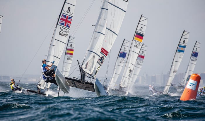 The U.S. Nacra 17 team leads the way during the 2019 Olympic Test Event off Enoshima