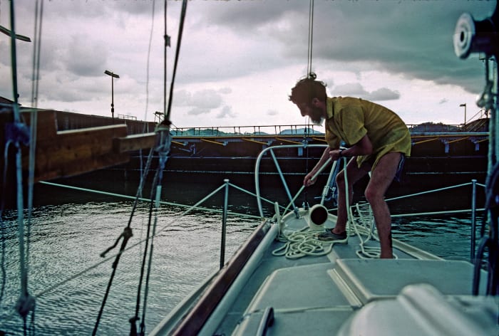 Louis tends to the boat’s lines in the Panama Canal