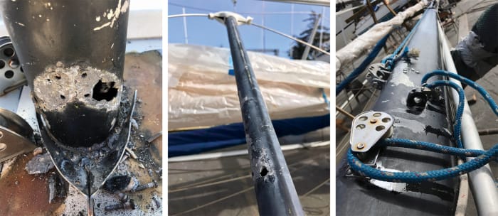 Removing the vang revealed a nightmare of corrosion (left); Another view of the severely pitted mast (middle); The author took multiple photographs to make sure he’d be able to put things back together correctly (right).