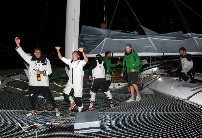 The Phaedo3 crew, with Thompson at left, celebrating its victory in the 2015 RORC Caribbean 600