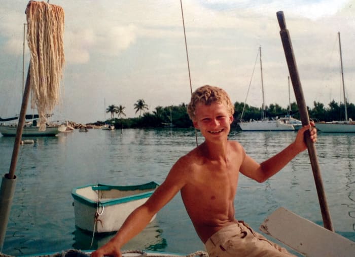 Thomas visiting on a friend’s boat in Puerto Rico during the time he lived aboard Spartan 