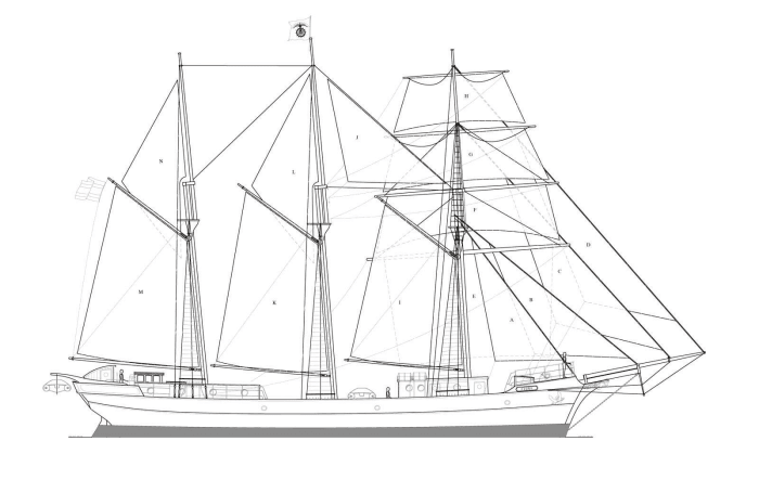 A rendering of the barkentine Cieba‘s sailplan