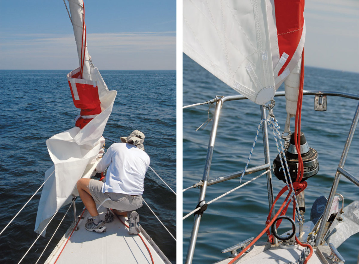 It is best to practice rigging it in calm conditions (far left). You can adjust tack height to suit your boat (left)