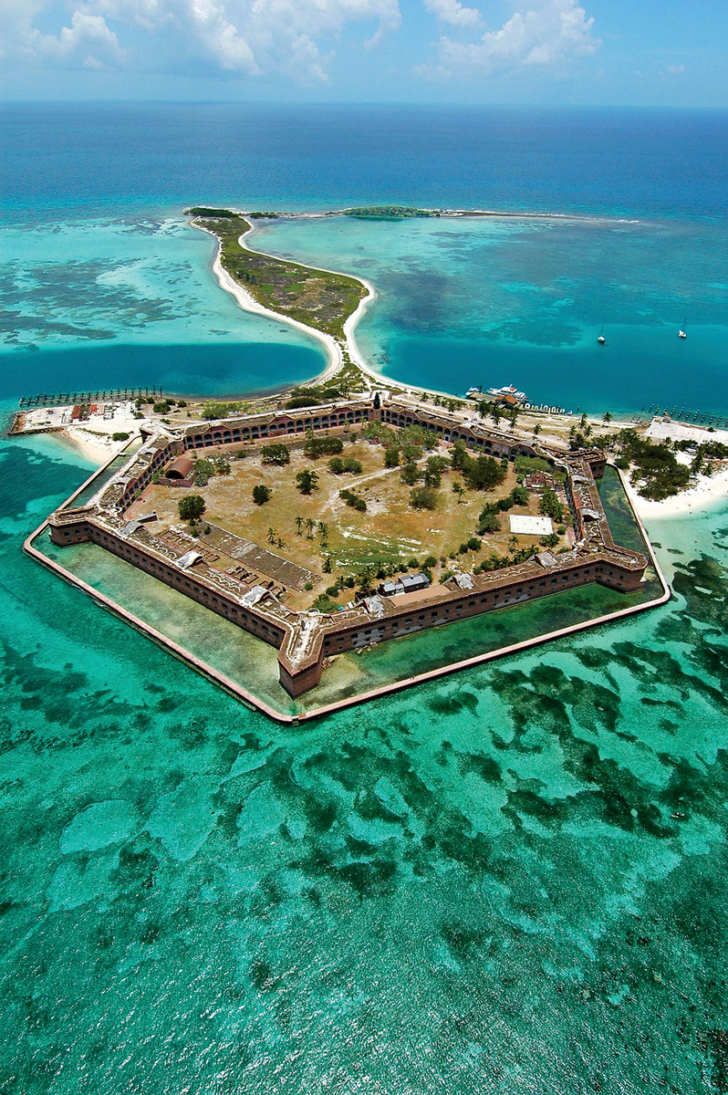 Fort Jefferson, a six-sided fort situated in the Dry Tortugas National Park, Fla., 68 miles west of Key West, seen in this picture shot Thursday, July 1, 2004. Nicknamed "Gibraltor of the Gulf of Mexico," the 150-year-old fort was never fully completed and never fired upon. During the Civil War, Fort Jefferson served as a Union military prison whose most famous prisoner was Dr. Samuel Mudd, convicted of complicity in Abraham Lincoln's assassination. (Photo by Andy Newman/Florida Keys News Bureau)