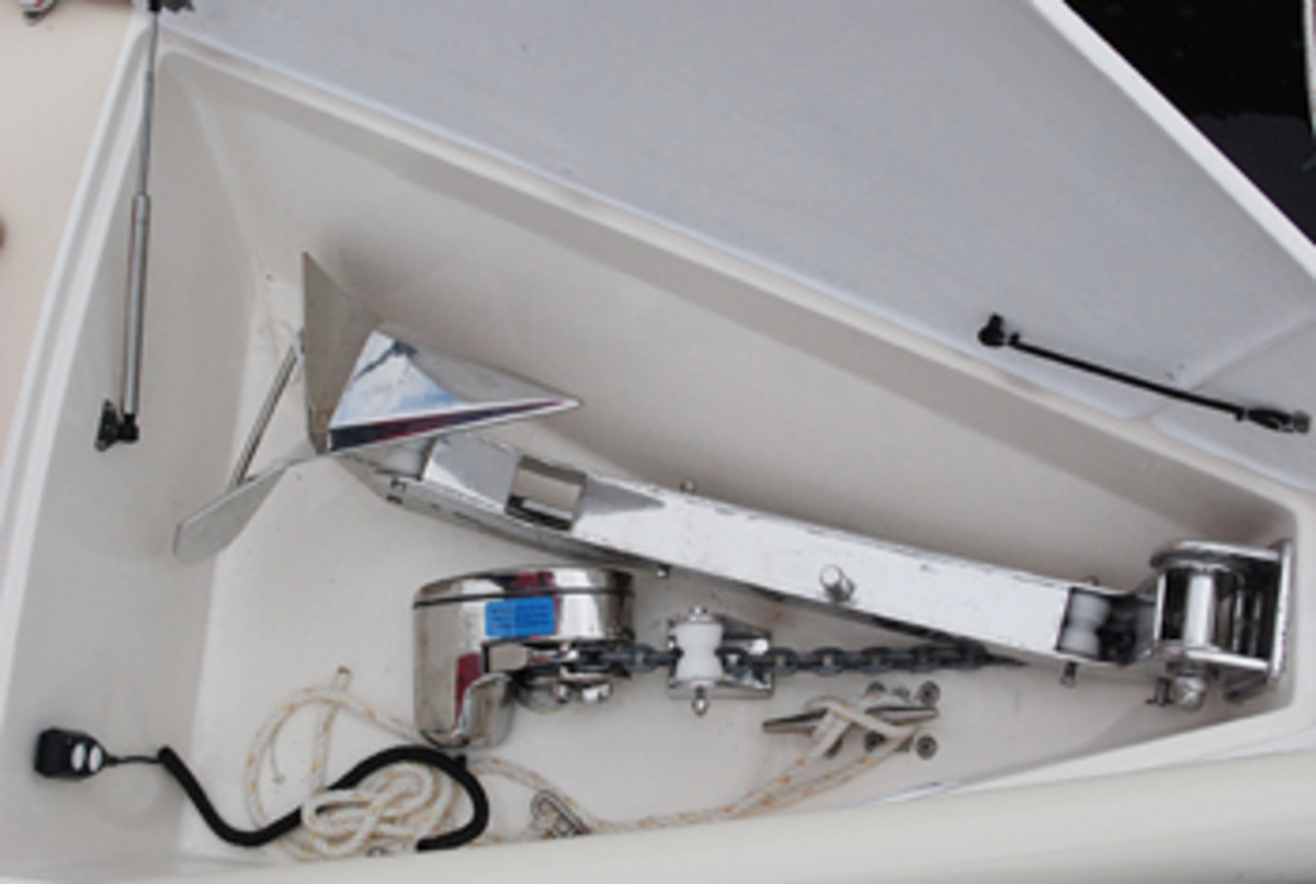 On the bow, the anchor retracts into a locker and deploys on a gas spring