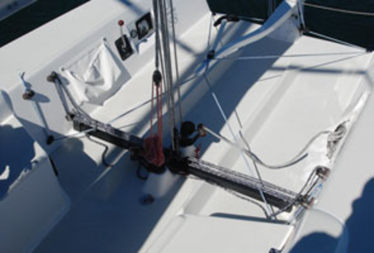 The mainsail sheets to a traveller on the cockpit sole