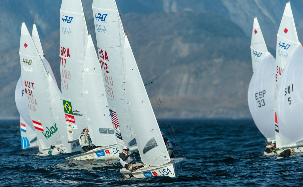 U.S. Olympians Briana Provancha (to leeward) and Annie Haeger lead the 470 fleet during the 2015 Olympic Test Event in Rio