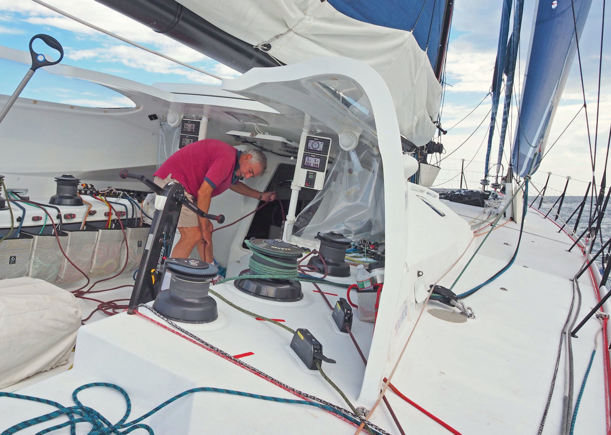 American sailor Rich Wilson goes through the paces onboard Great American IV in preparation for the Vendée Globe