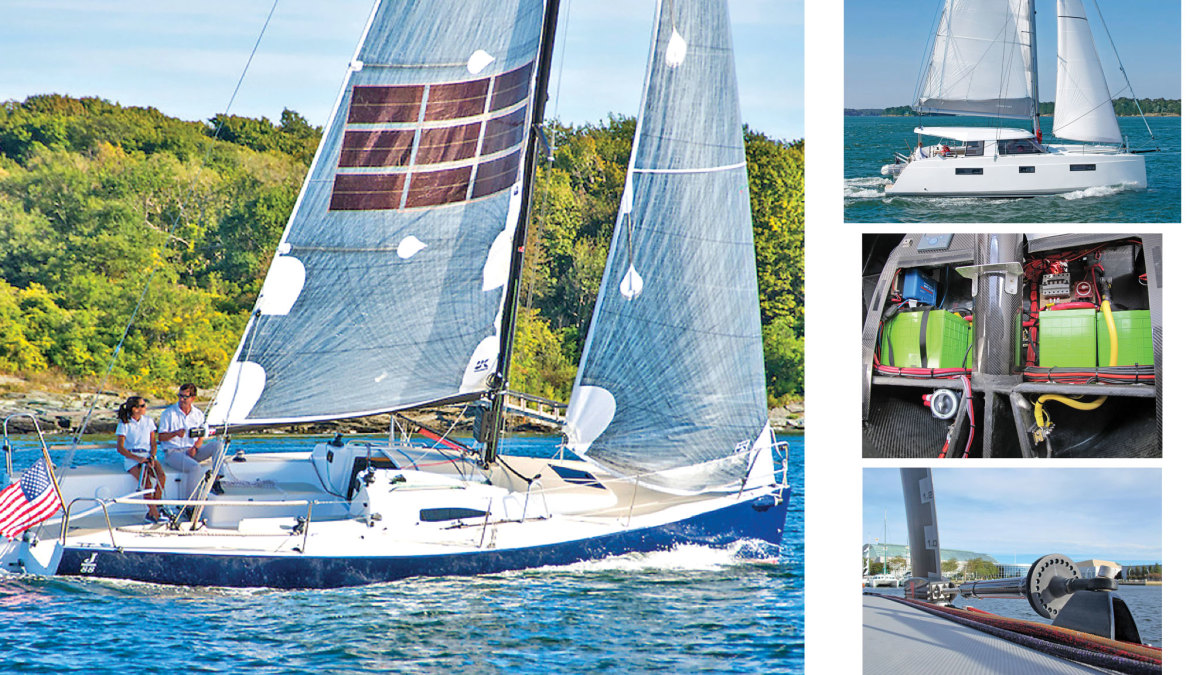 Clockwise from right: the Balance 451; the G4’s lithium-ion battery bank; part of the G4’s foil-control system; the J/88e under sail with its SolarCloth main