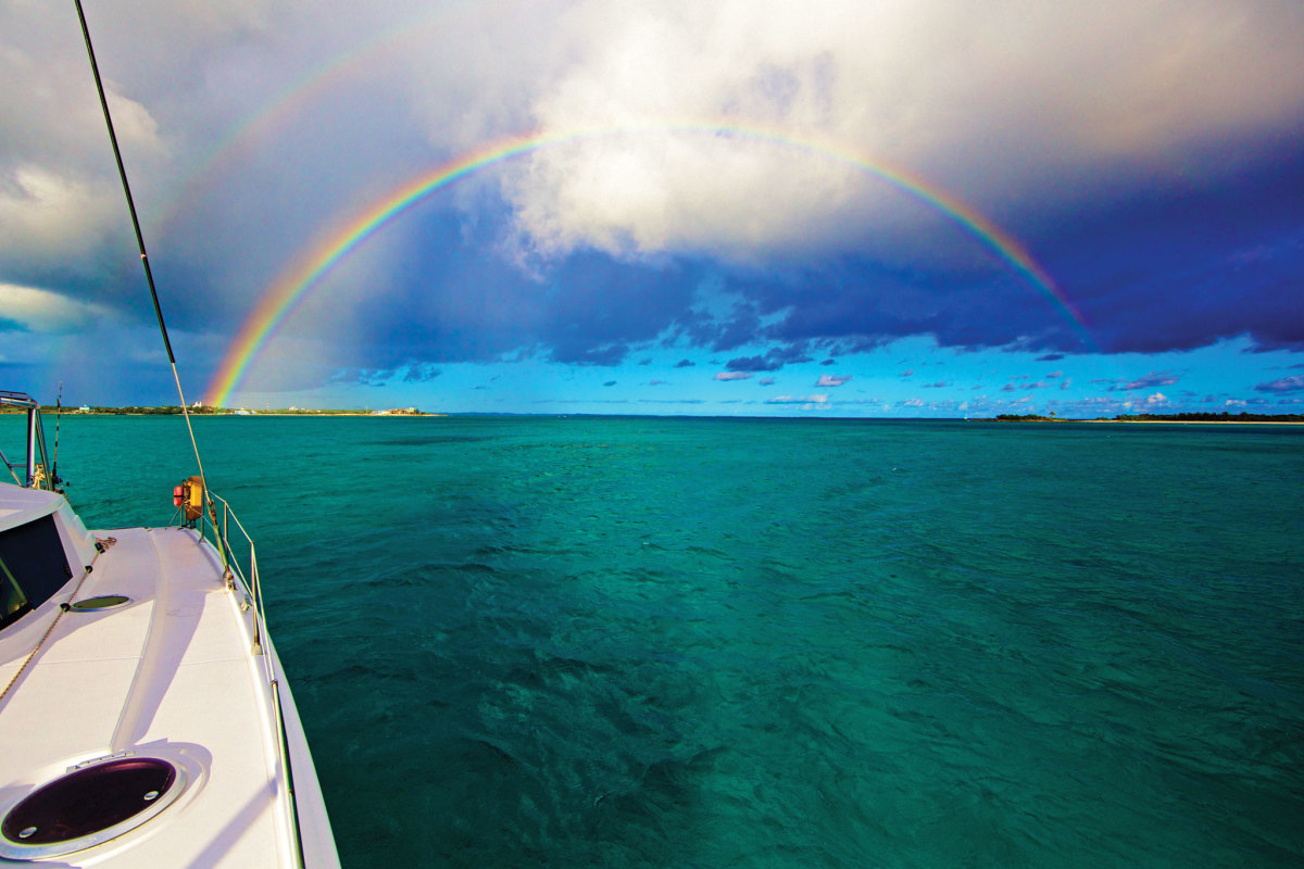 A double rainbow greets the crew at the entrance to Clarence Town harbor. Photo by Jon Nickson