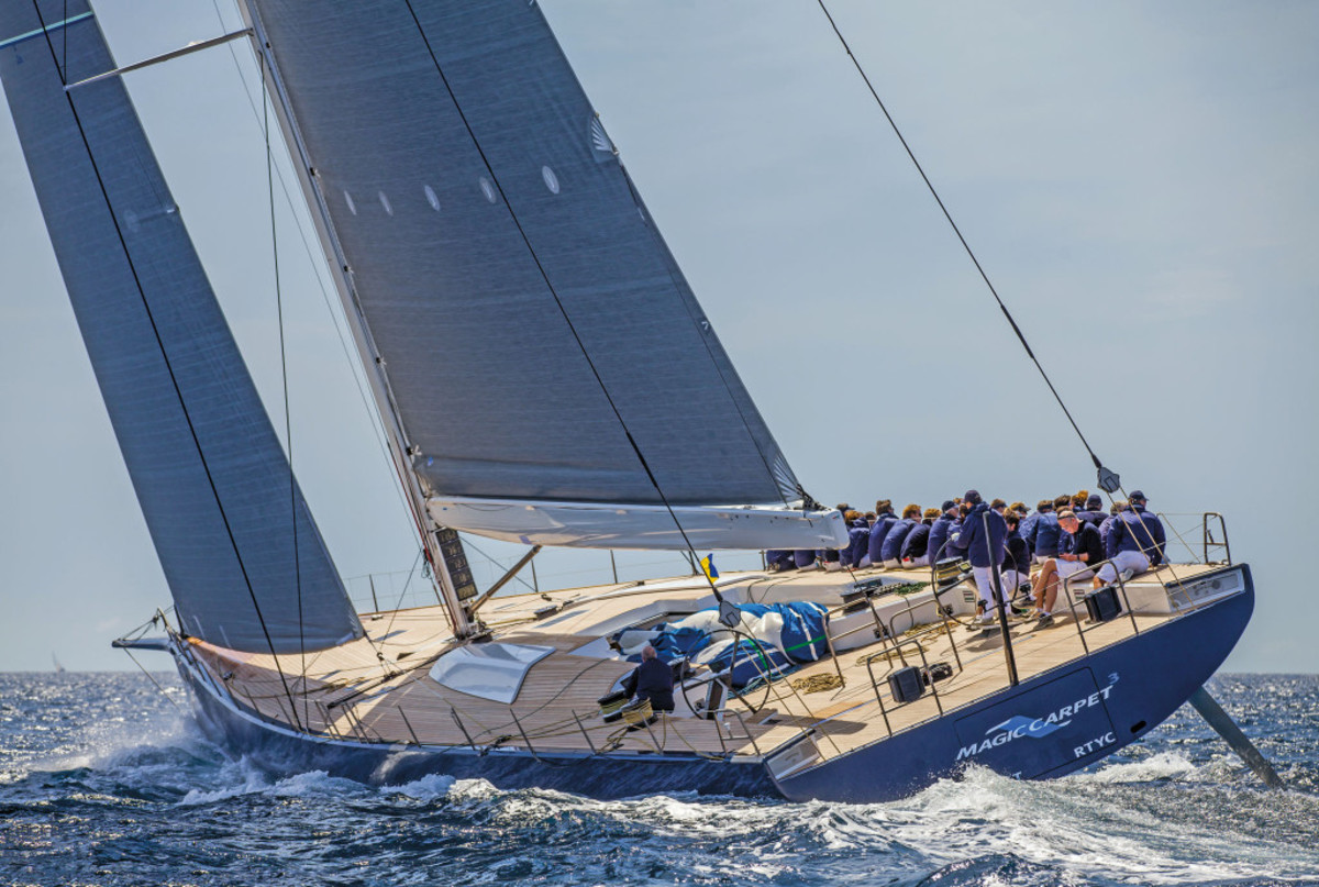 Magic Carpet³ requires a small army of crew to handle her rig on the racecourse: note how her forward lounging cockpit has been cleared away for on-deck sail storage. Photo courtesy of reichel/pugh yacht design