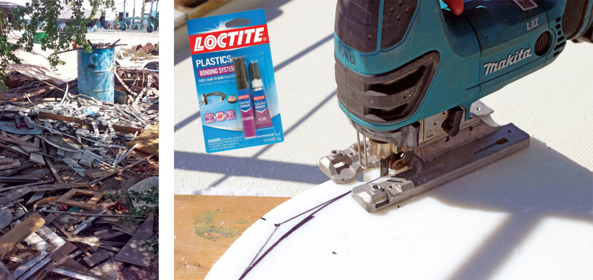 A typical pile of off-cut MPL found at a boatyard (right); when cutting MPL with a jigsaw, a fine-toothed blade works best (far right); typical glues and bonding agents don’t work with MPL, so make sure you use a two-part activator and bonder combination, like Loctite Plastics Bonder system (inset)