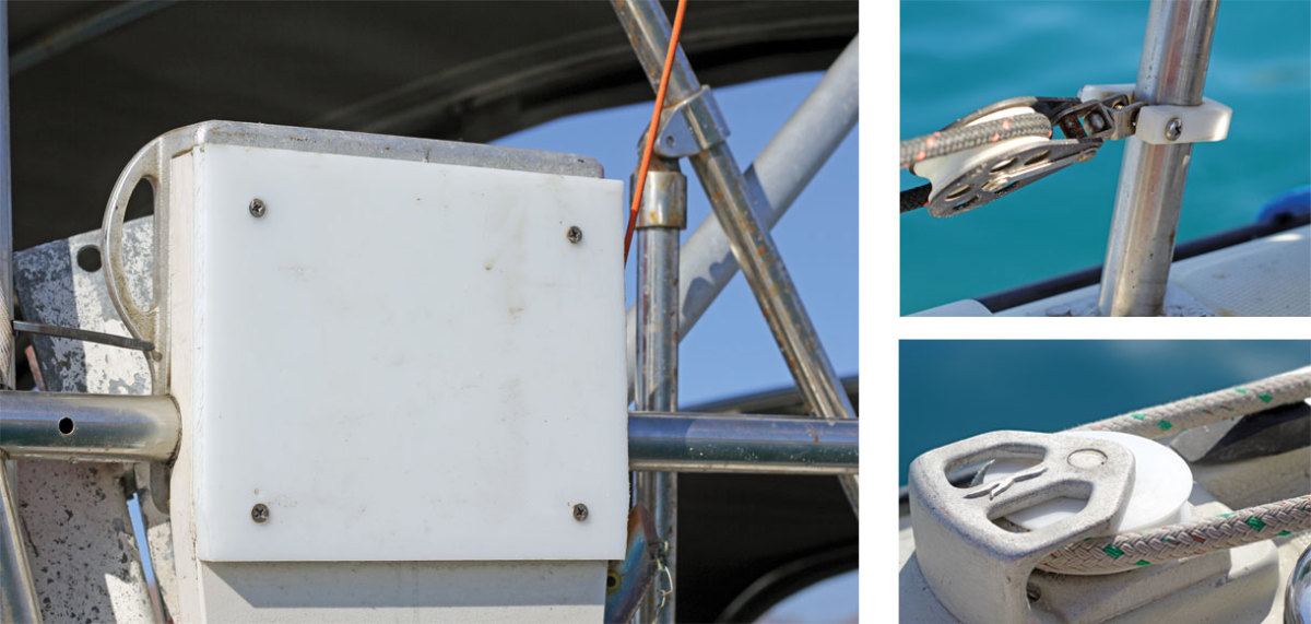 The author made an outboard-engine mount out of aluminum and marine plastic lumber, seen here, along with a furling lead stanchion clamp (top right), a jib sheet sheave (middle right) and a fuel port spacer (below right)