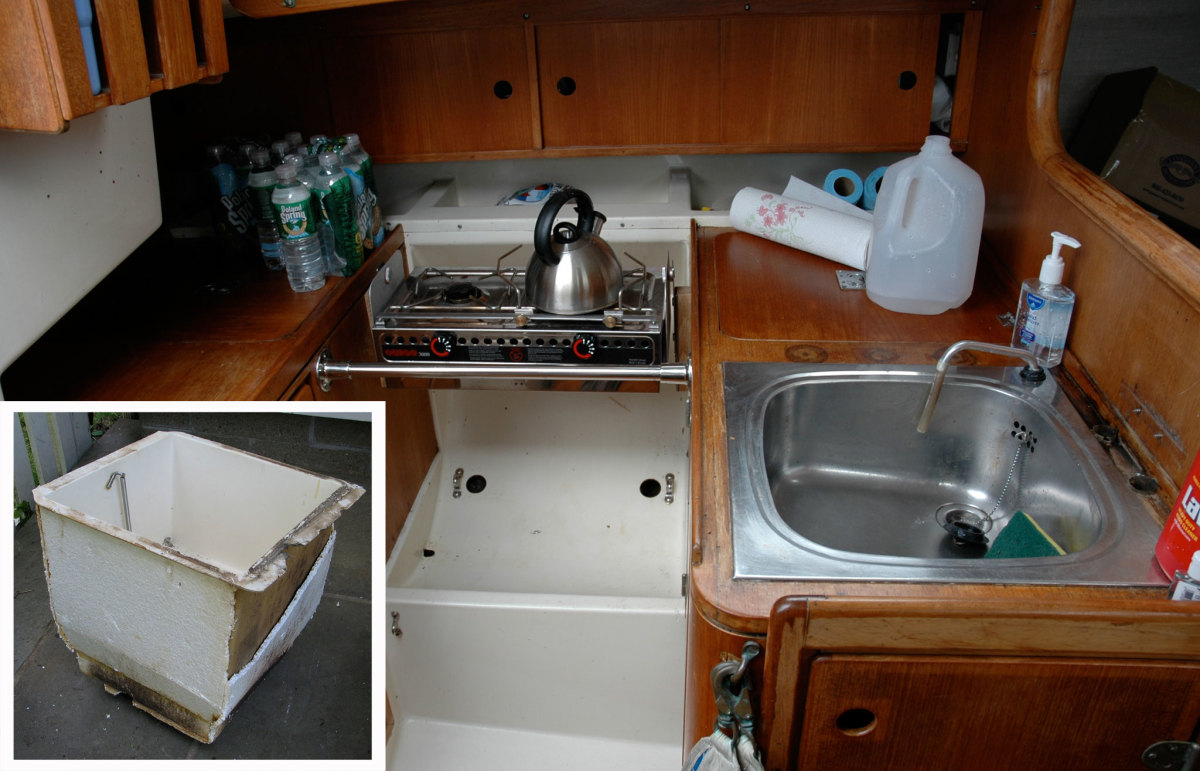  1. The galley as it was. Inset: here’s the original coolbox—insulation? What insulation?