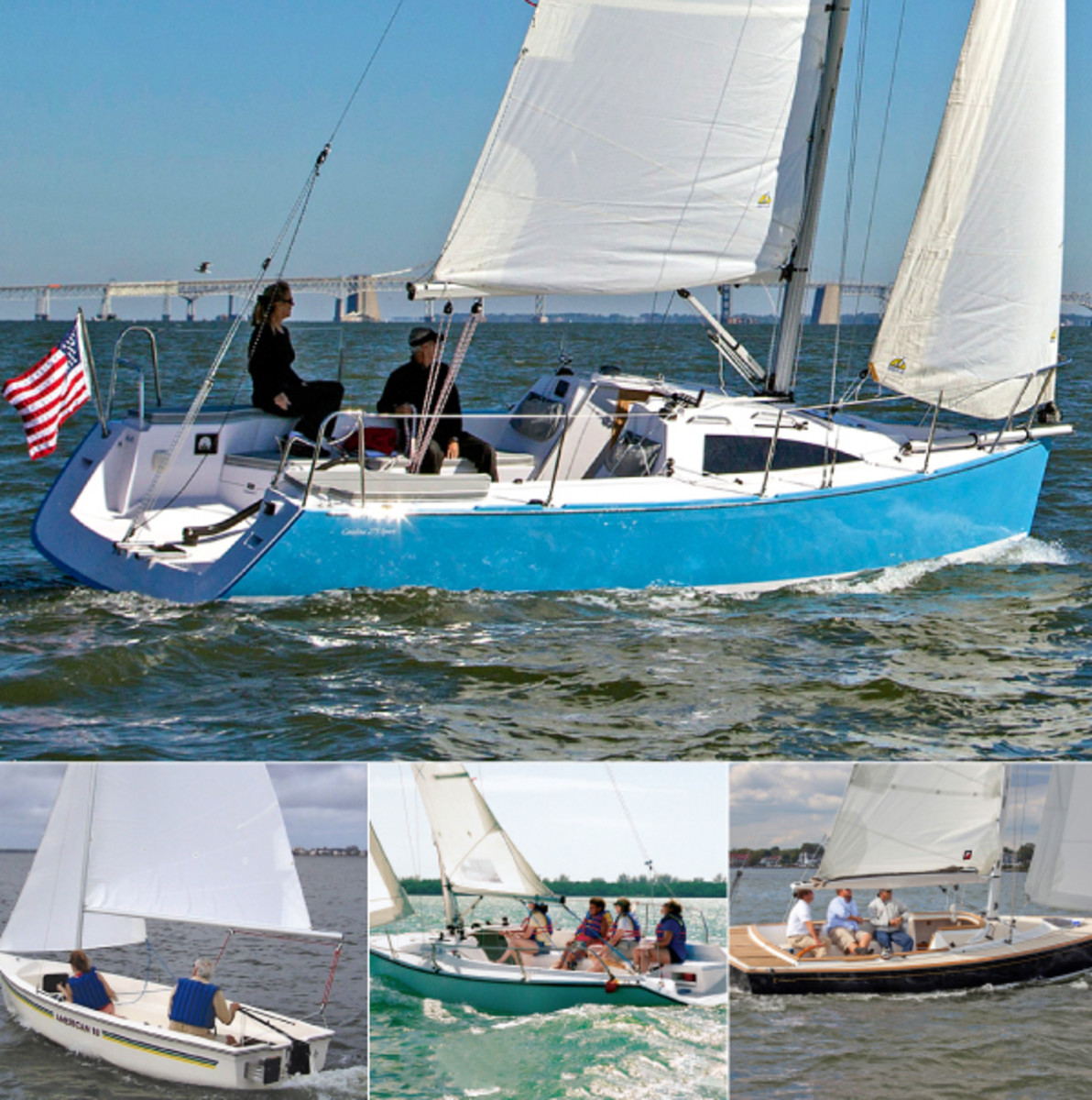 Speed, comfort, safety and an easy-to-handle rig are all the hallmarks of a great daysailer: (clockwise from top) the Catalina 275 Sport, Tartan Fantail, Colgate 26 and American 18 