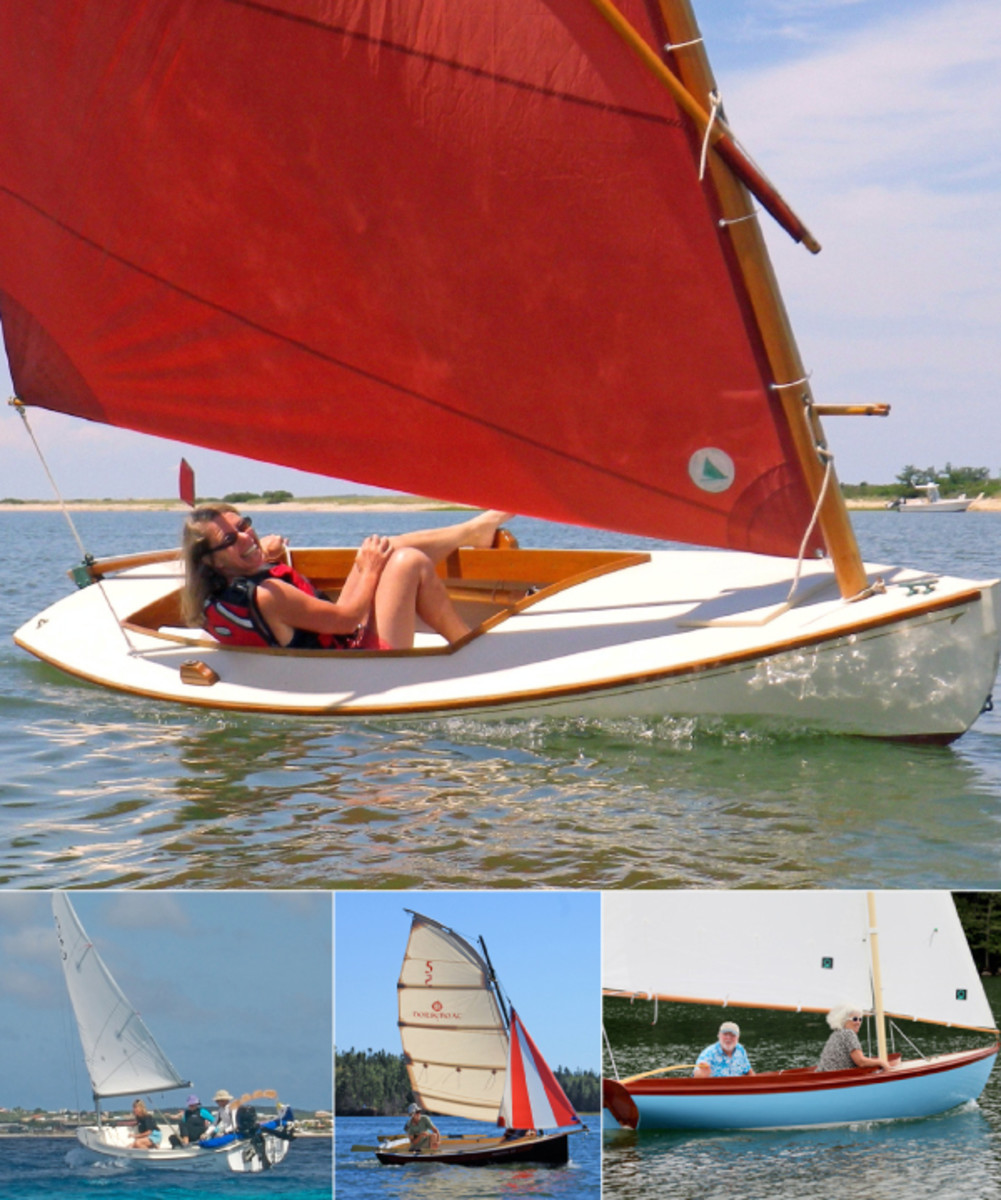 Traditional daysailers are available with a variety of different rigs and hull forms: (clockwise from top) the Melonseed skiff, Paine 14, NorseBoat 12.5 and the Com-Pac Picnic Cat 