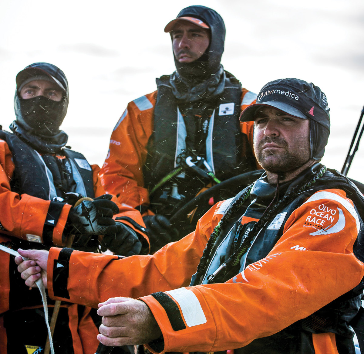 Towill (center) and Enright (right) sailing off Cape Horn during the 2014-15 VOR