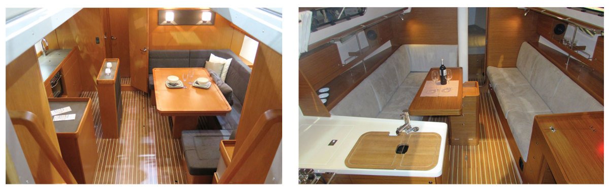  These interior layouts are from two midsize production cruisers. The one at left will be great at anchor but not so good in a rough seaway; the one at right will work well in either scenario, with somewhere to sleep on either tack and a good-sized chart table
