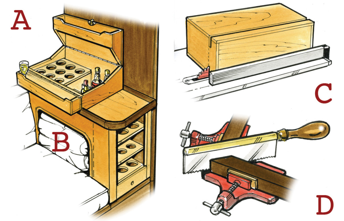 A I saw this clever drinks locker on a Tradewind 35. It was designed from scratch, and the idea could be applied to the area over the foot of many bunks to provide extra stowage space. The bottle heights are accommodated by having the bases go below table level, while the tops go up into a deep, boxed lid. The two-part lid has two handy troughs when open and hinges down to form a flush-fitting locker top. B The bunk length is maintained by your feet going into a trotter box—which is also a handy place to stow bedding. A glasses rack takes up the thin outside edge space. CAn easy way to make boxes with lids that fit perfectly is to make a solid box and then saw the lid off with a fine-blade circular saw. Remember not to cut through nails or screws. D If you frame lockers with mitered joints and they are not perfect, grip them in a miter clamp and run a thin-bladed saw through to true up the joint.
