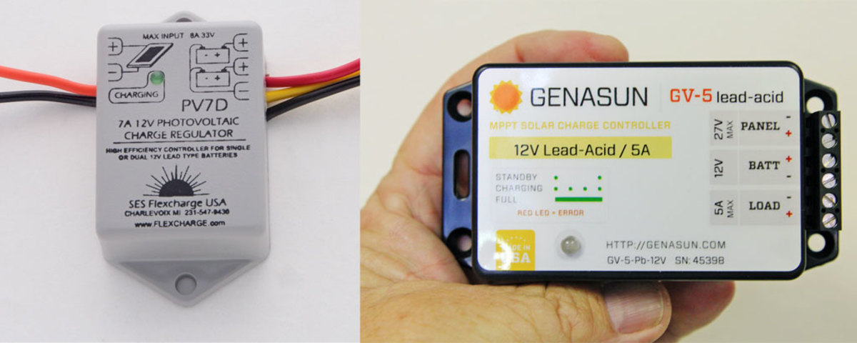 At the least, a small PWM or shunting regulator should be fitted to control charging (left); An MPPT controller is more efficient at bringing batteries to full charge (right)