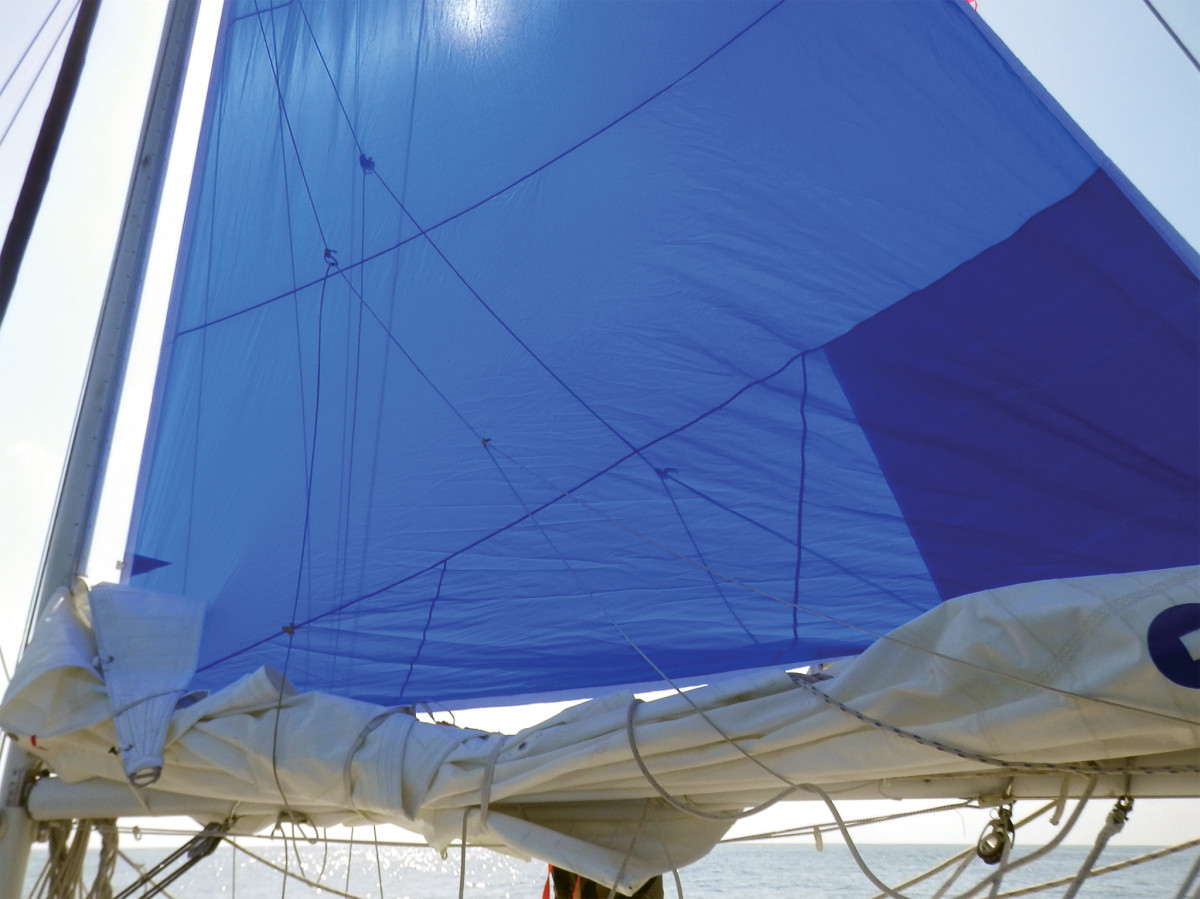The nylon mainsail has proved an important part of  Blue Pelican’s sail wardrobe