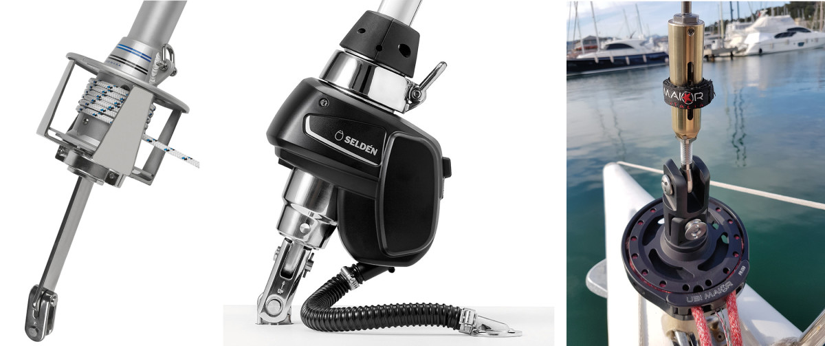    This Schaefer furler (left) has been configured with a long toggle link to raise it farther off the foredeck.  The overall dimensions of an electric furler (right) are comparable to a manual one .  Ubi Maior’s Jiber uses a rod headstay to furl the sail .   