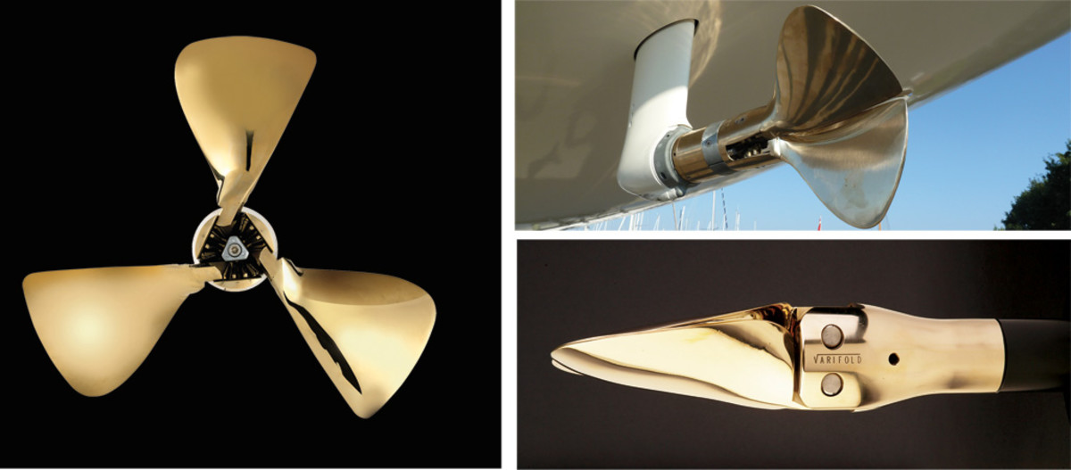   The gearing in the hub of this Gori prop allows the blades to swing through a full 180 degrees (left);  This two-blade Bruntons Varifold is incredibly streamlined under sail (bottom right);  Note the complex curvature of the blades on this three-blade Gori saildrive propeller (top right). 
