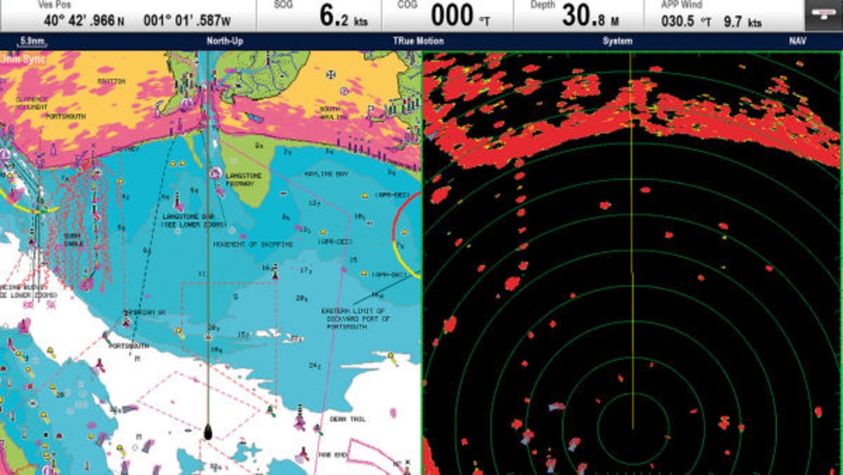 Raymarine MFD side by side of radar overlay on a chart and the radar display