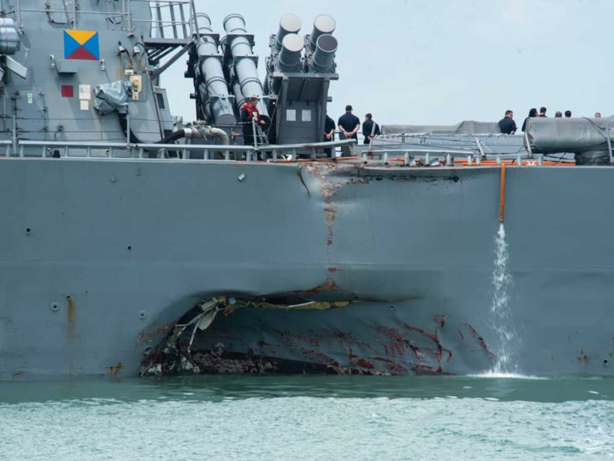   The USS John S. McCain’s port quarter was seriously damaged, both above and below the waterline.   