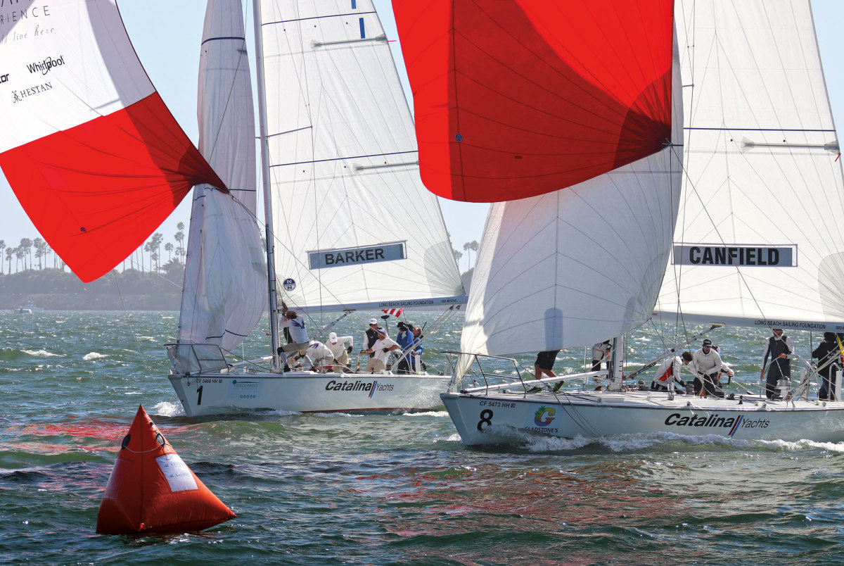            Dean Barker and the rest of the “American Magic” campaign (above, to windward) had a chance to start honing their match-racing skills at the Congressional Cup 