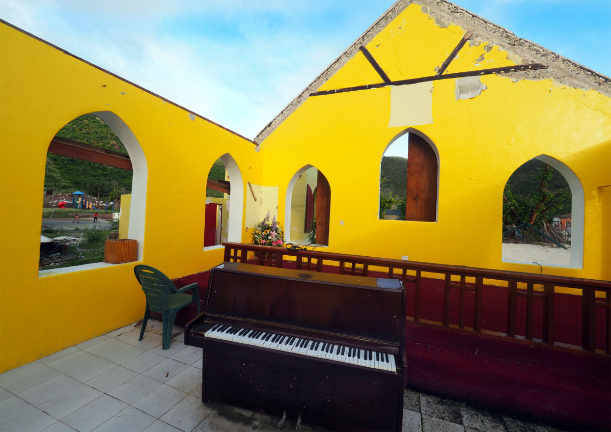 The pretty yellow church in Jost van Dyke’s Great Harbour awaits its new roof