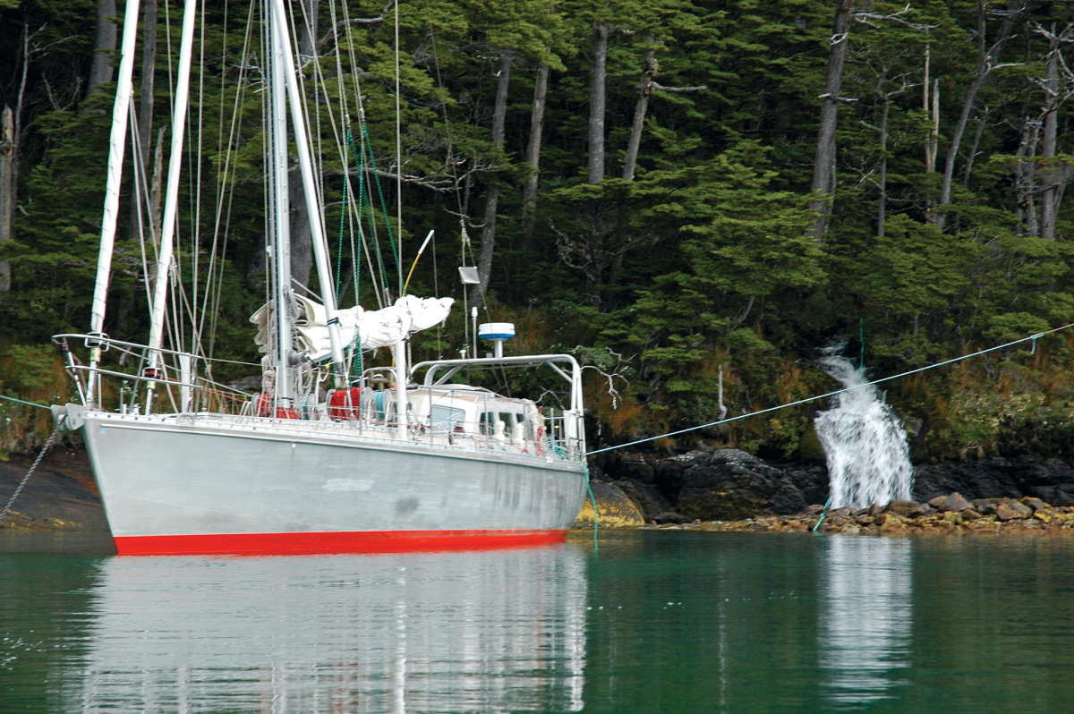 A combination of anchor and shore lines keeps this boat snug in the Beagle Channel