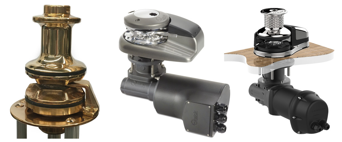 A capstan above the gypsy, as on this model from Ideal, is a useful accessory (left); On vertical windlasses such as this model from Quick, the motor can be oriented in different directions to simplify installation (middle); Lewmar has a wide range of windlasses, in both vertical and horizontal configurations (right).