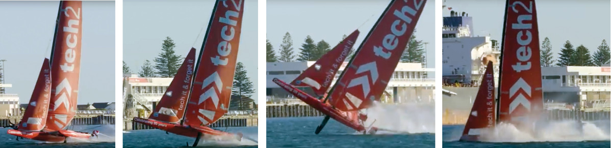 A sequence of video stills shows the boat flying out of control: circled in Frame #3 are the transom and port rudder, which broke off precipitating the crash  