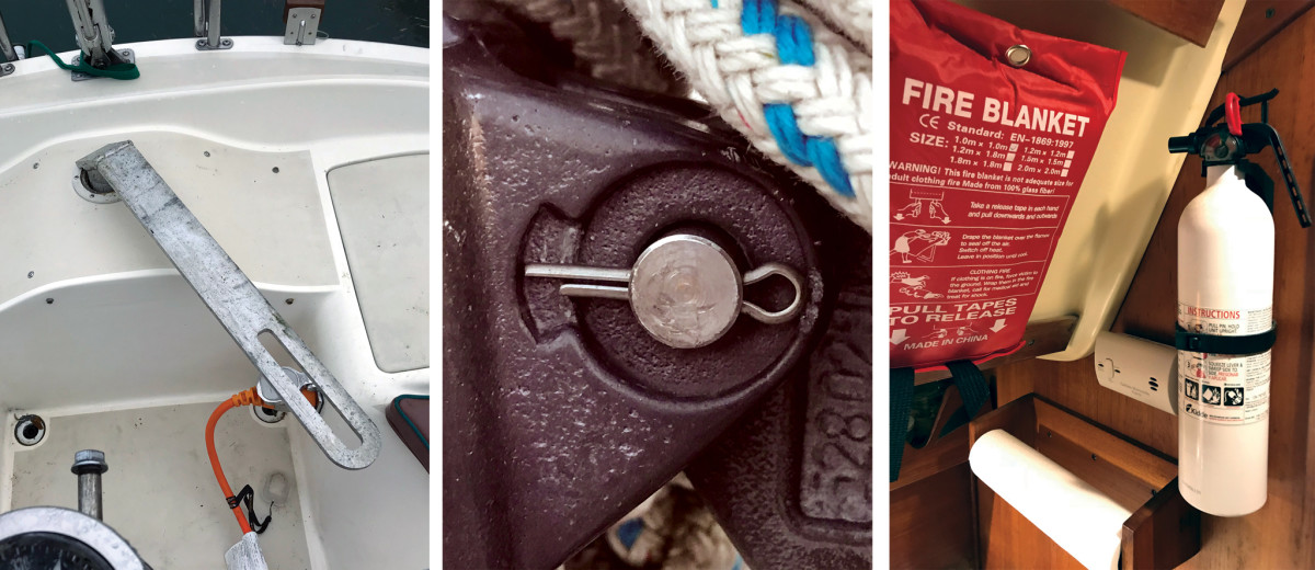 Have you tried installing your emergency tiller? (left); The yard rigger forgot to spread this split pin (middle); Fire blanket, fire extinguisher and CO alarm—check! (right).