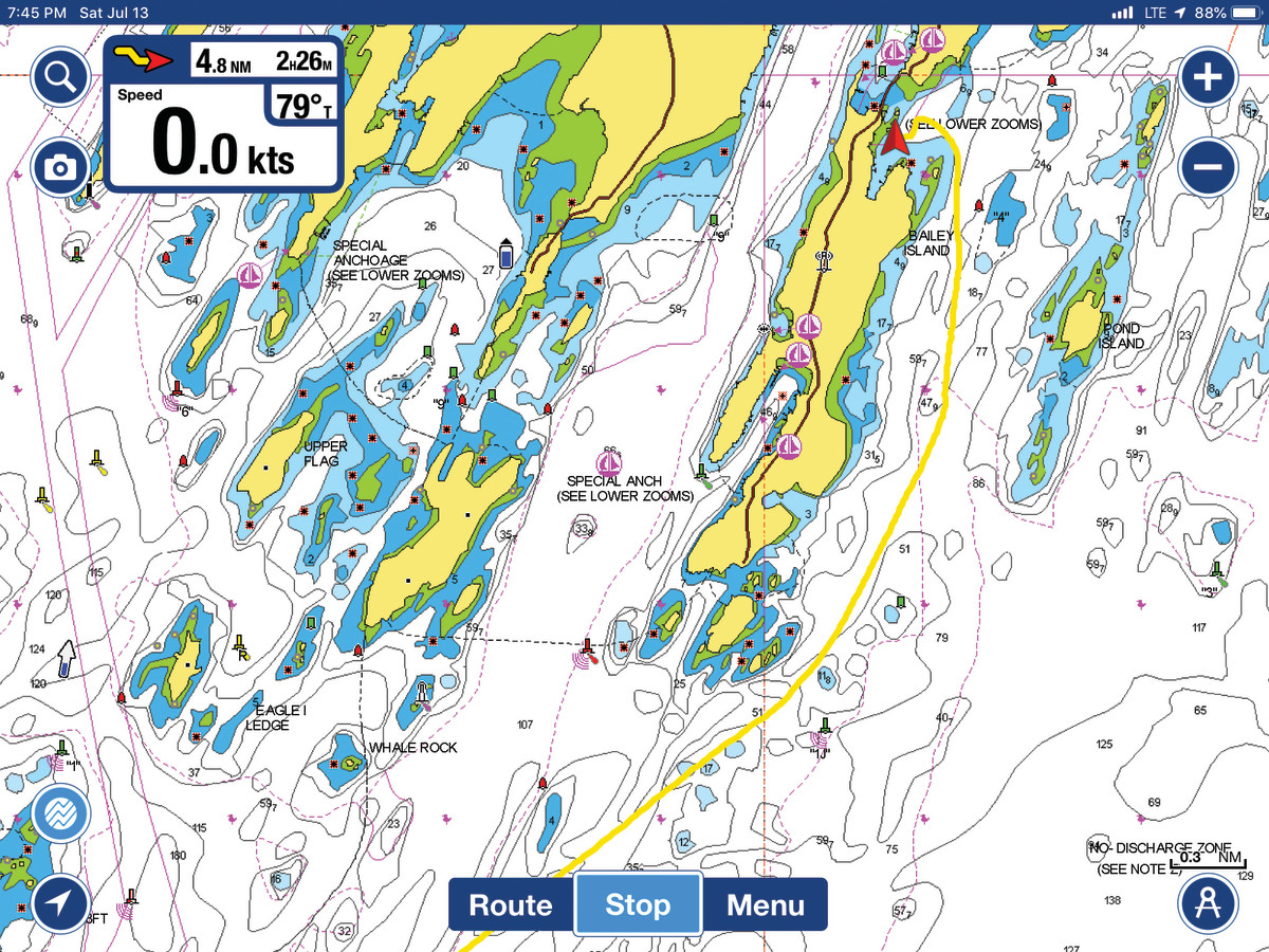 Look Ma, no waypoints! This track shows the author’s recent approach to an anchorage in Maine