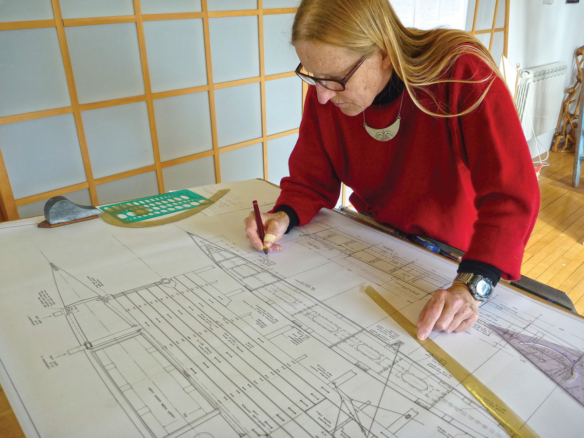 Wharram’s partner for half a century, Hannete Boon drafts the lines for the next project
