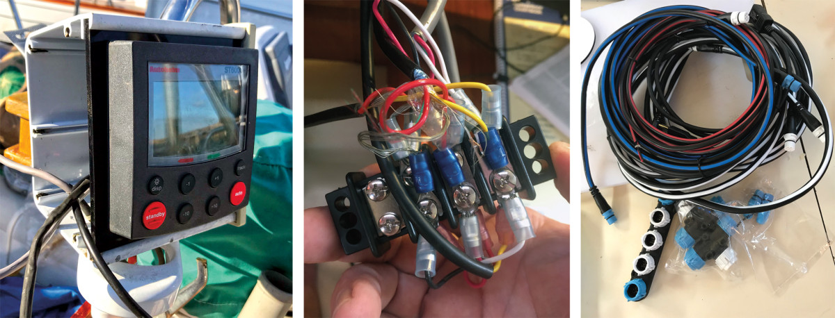 Removing the existing pilot display from its pod (left); The old (middle) and the new (right); the Seatalk NG cabling is much neater and the connections are foolproof