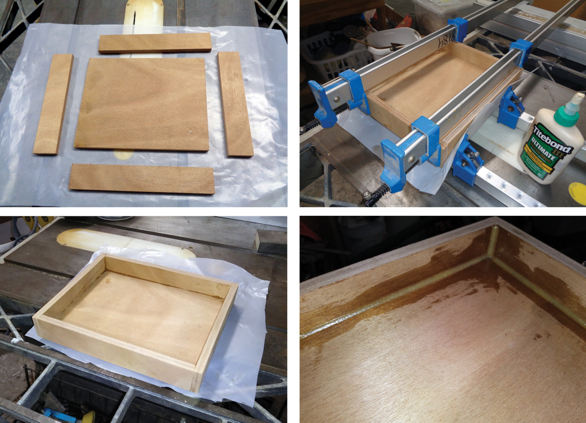 The parts of the box have been cut and are ready to be assembled (top left); Assembling the box with wood glue and clamps to hold the parts together (top right); The author uses tongue depressors to shape the epoxy fillets (bottom left: This box needs to take heavy weights so fiberglass tape has been laid into the corners (bottom right)